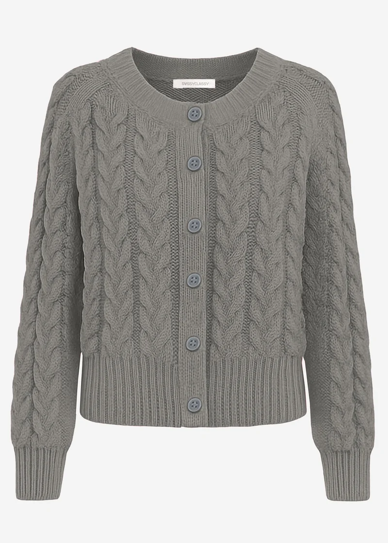 Zopfstrick-Cardigan mit Rundhalsausschnitt - grau