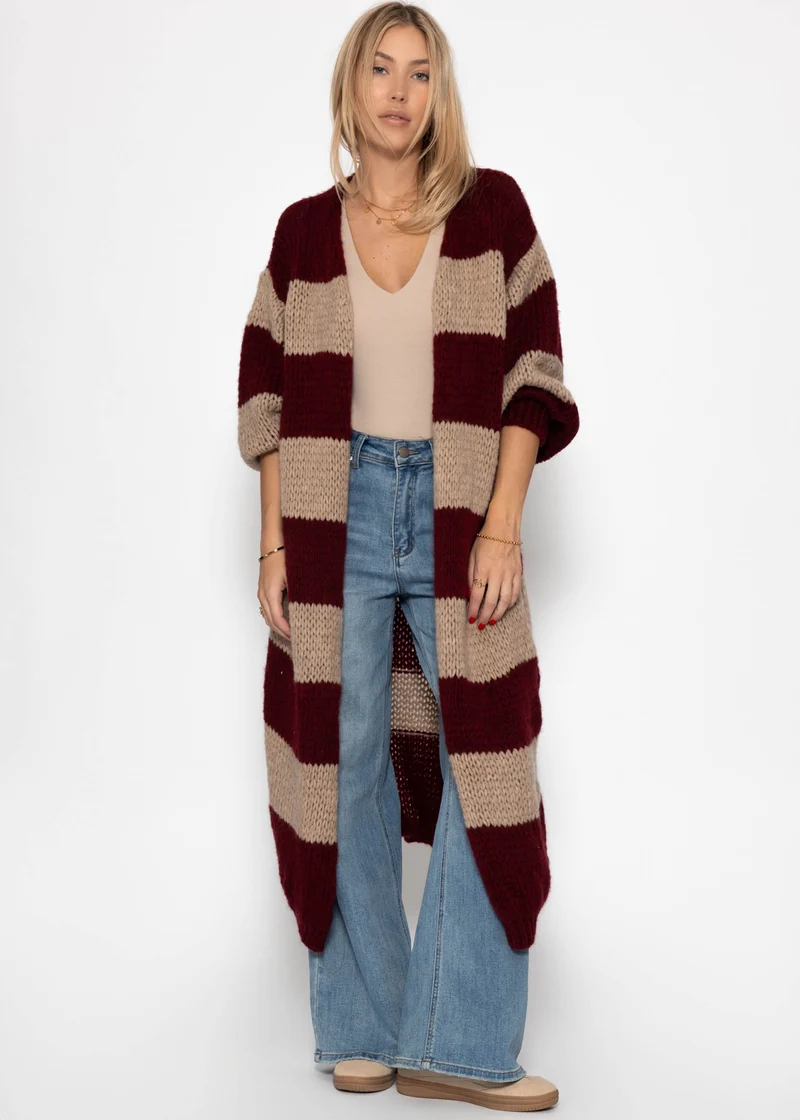 Extra langer Cardigan mit Blockstreifen - burgundy-taupe