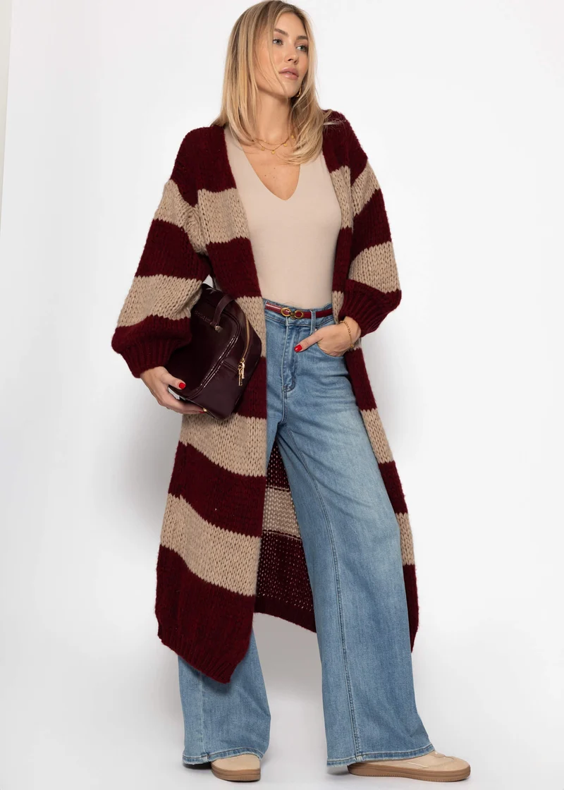 Extra langer Cardigan mit Blockstreifen - burgundy-taupe