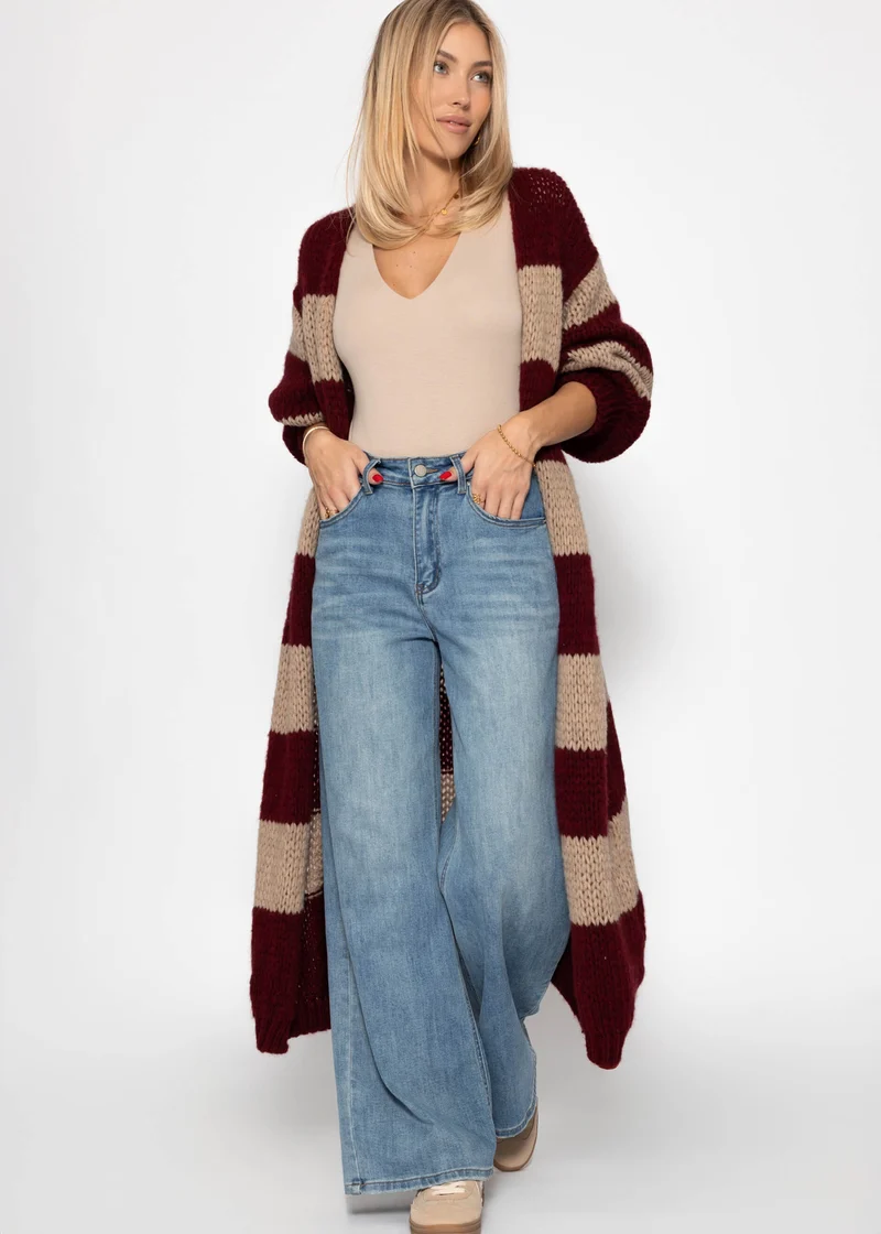 Extra langer Cardigan mit Blockstreifen - burgundy-taupe