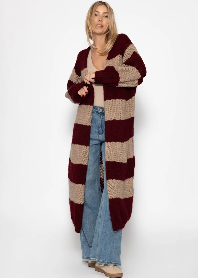 Extra langer Cardigan mit Blockstreifen - burgundy-taupe