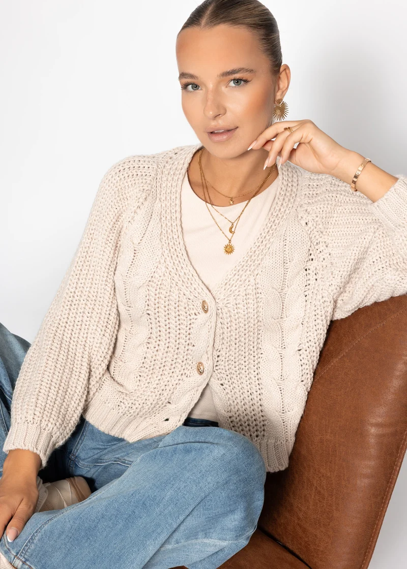 Zopfstrick-Cardigan mit Knopfleiste - beige