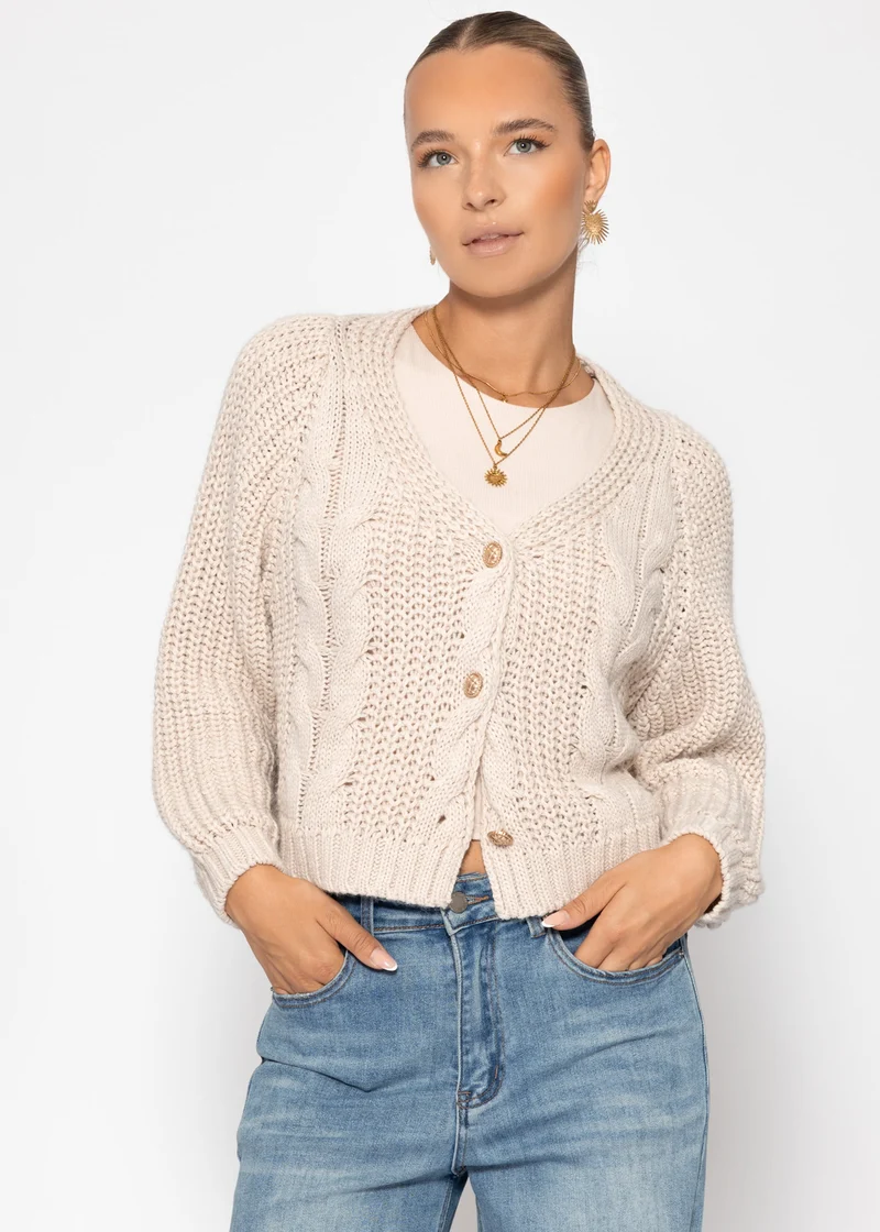 Zopfstrick-Cardigan mit Knopfleiste - beige