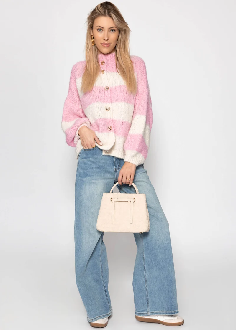 Gestreifter oversize Cardigan mit Schmuckknöpfen - rosa-offwhite