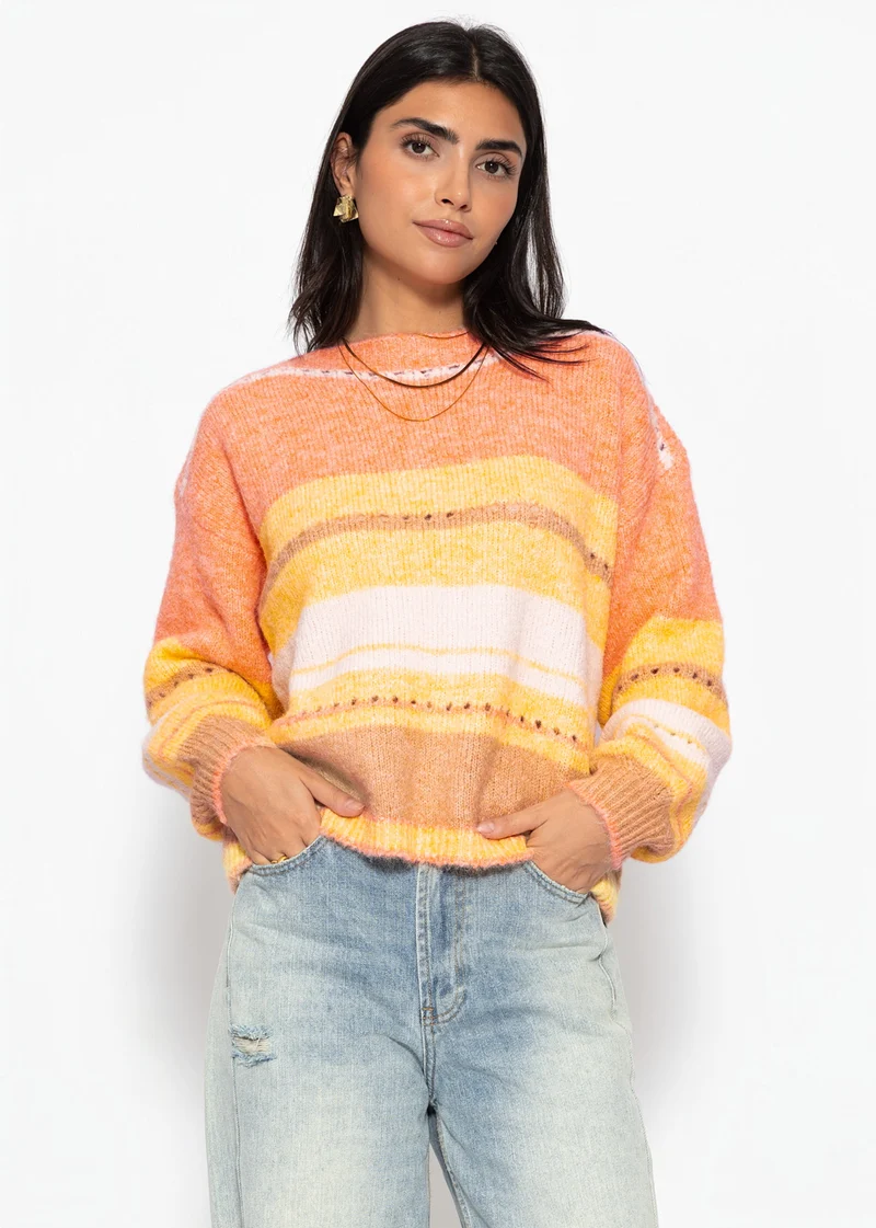 Gestreifter Pullover mit Loch-Strickmuster - gelb