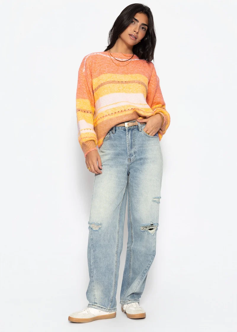 Gestreifter Pullover mit Loch-Strickmuster - gelb