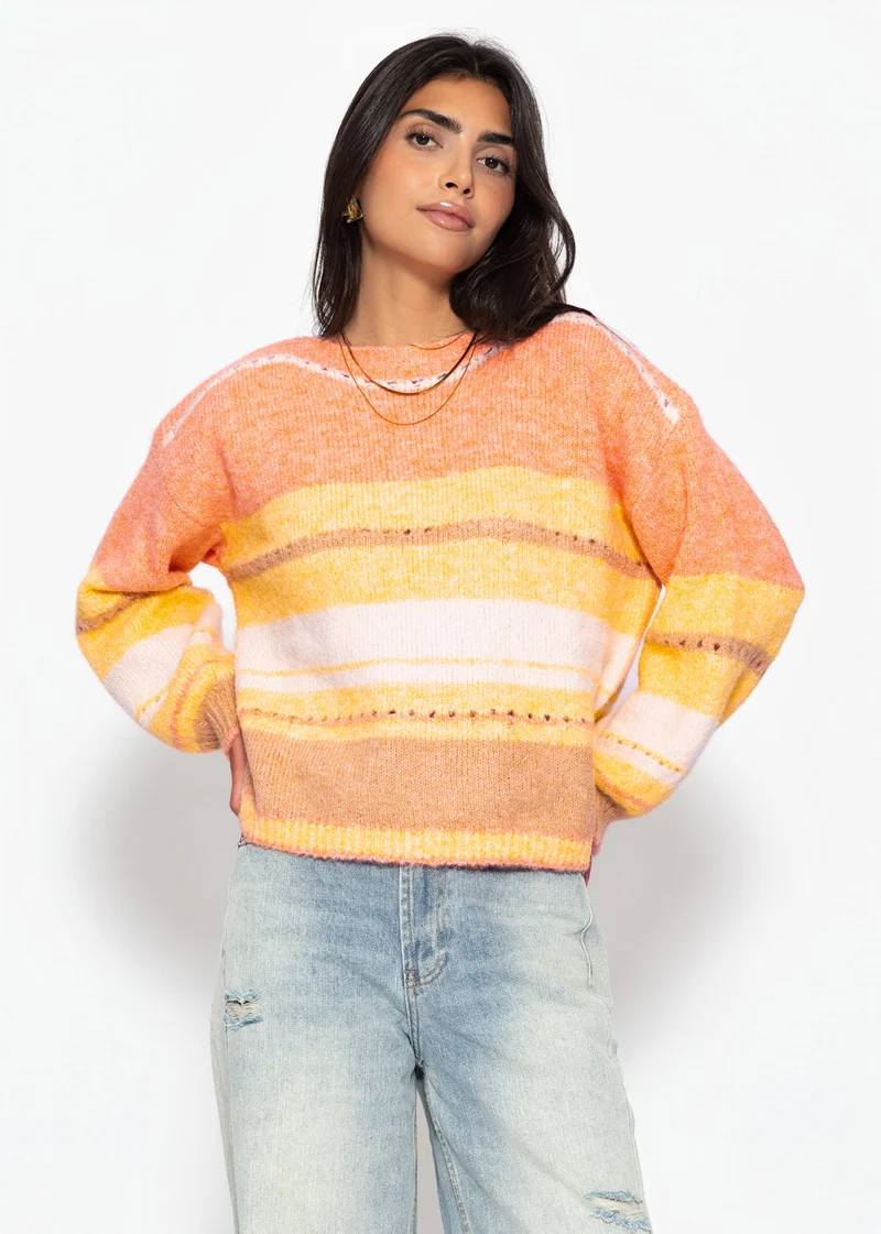 Gestreifter Pullover mit Loch-Strickmuster - gelb