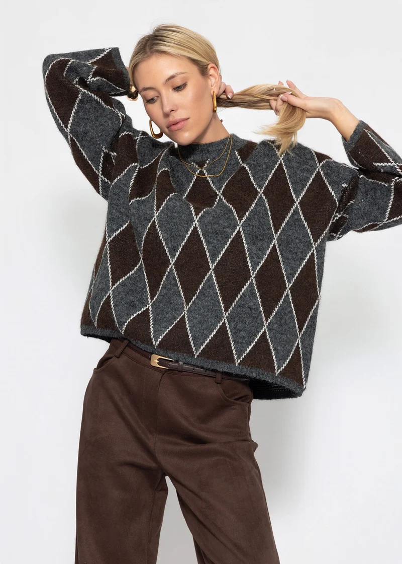 Oversize Strickpullover mit Rautenmuster - grau-braun