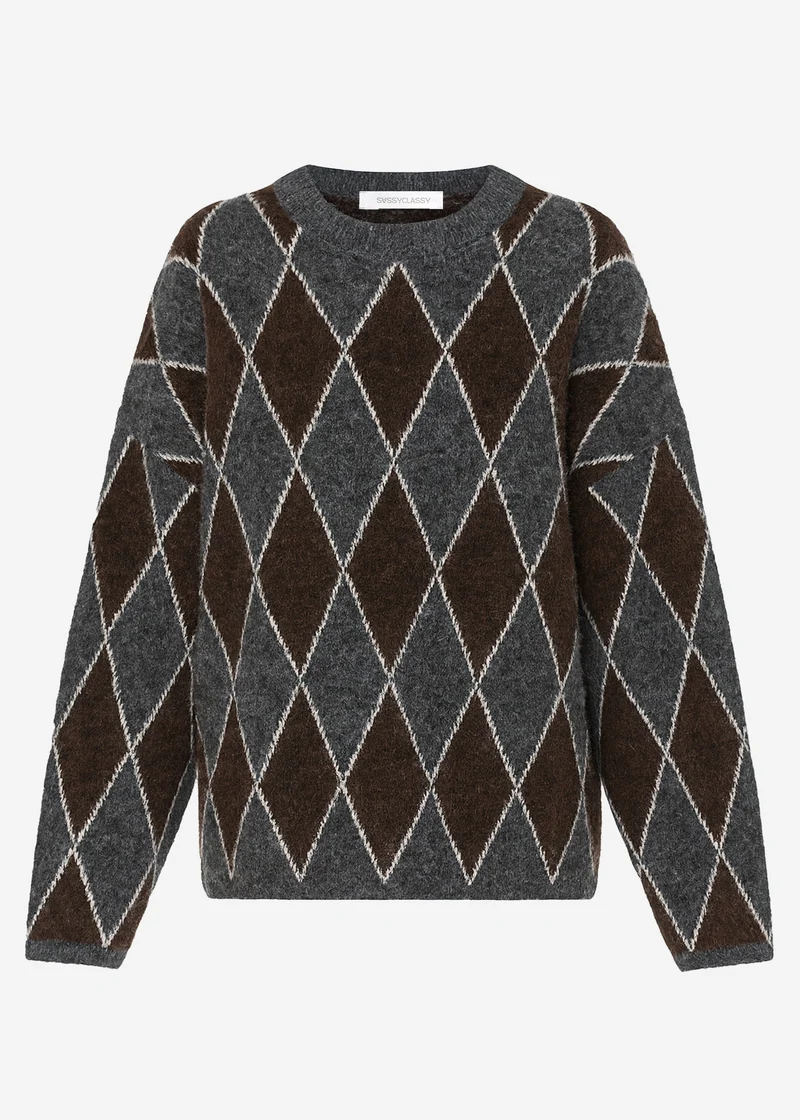 Oversize Strickpullover mit Rautenmuster - grau-braun