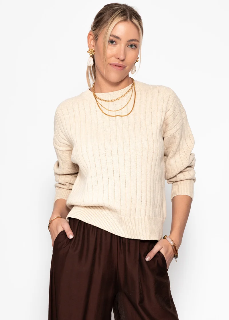 Gerippter Baumwollpullover - beige