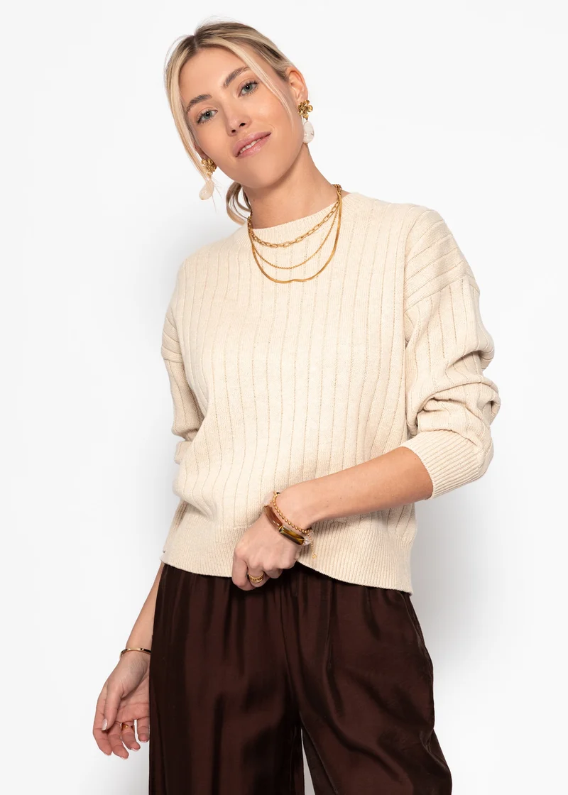 Gerippter Baumwollpullover - beige
