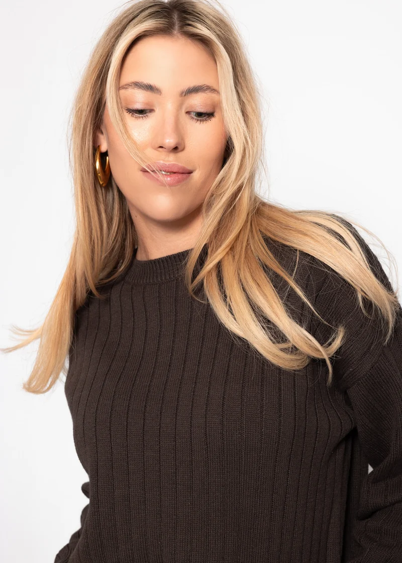 Gerippter Baumwollpullover - braun