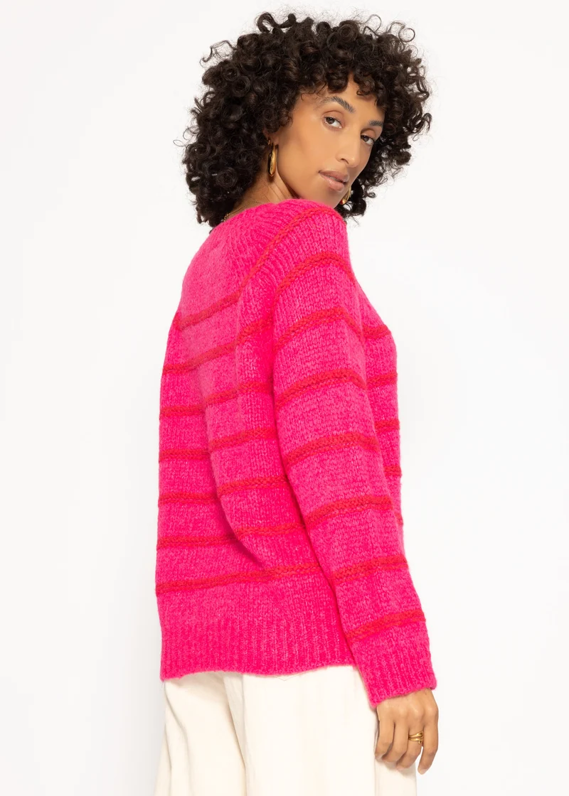 Gestreifter Pullover mit Rundhalsausschnitt - pink