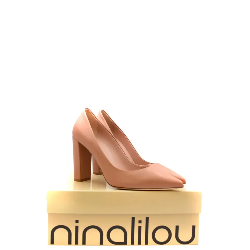 Ninalilou Damen-Pumps aus rosafarbenem Leder mit Blockabsatz