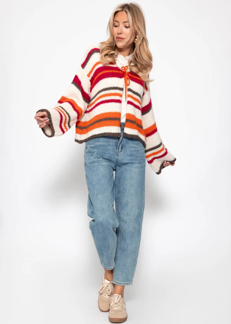 Bunt gestreifte Strickjacke mit Schleifenverschluss - orange-pink