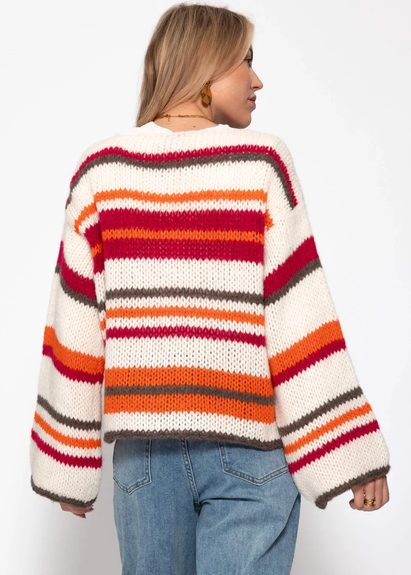 Bunt gestreifte Strickjacke mit Schleifenverschluss - orange-pink