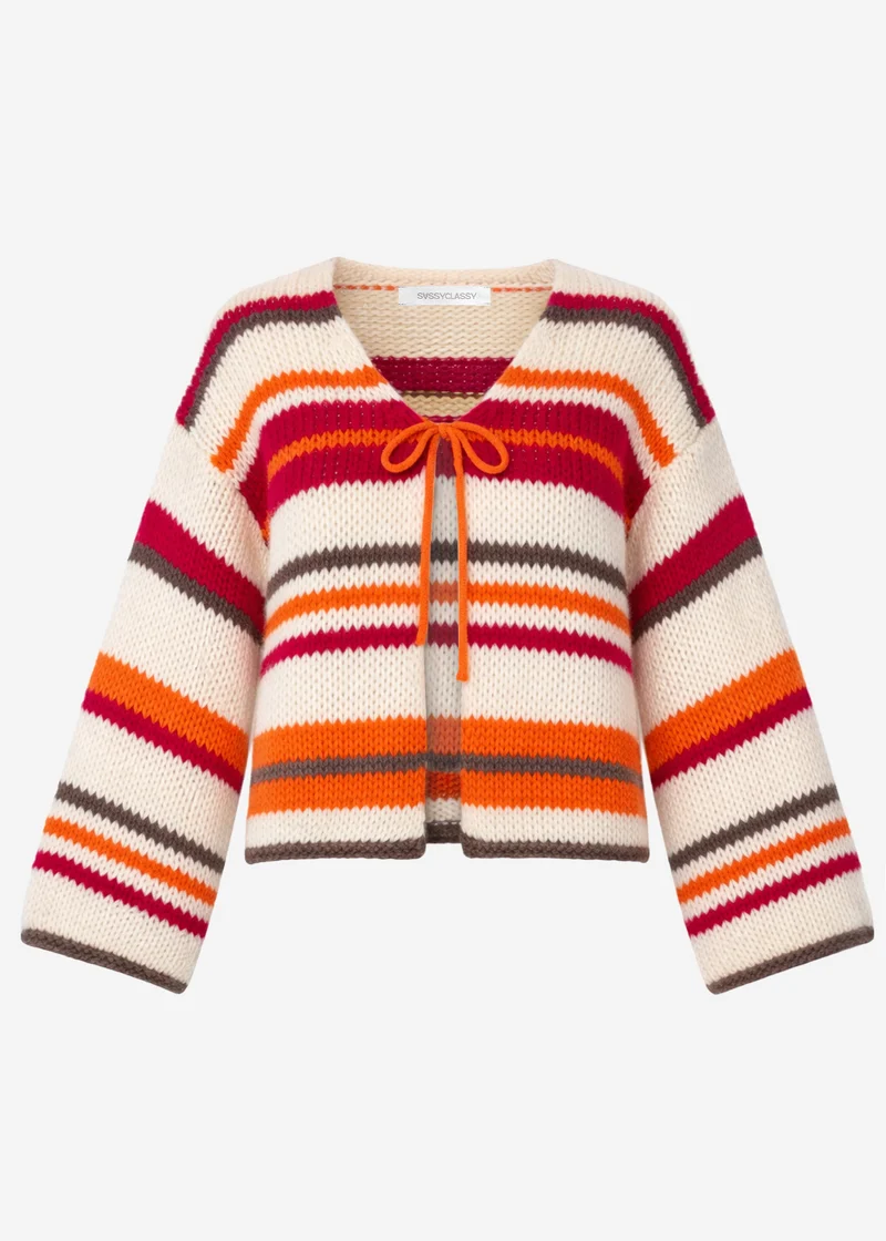 Bunt gestreifte Strickjacke mit Schleifenverschluss - orange-pink