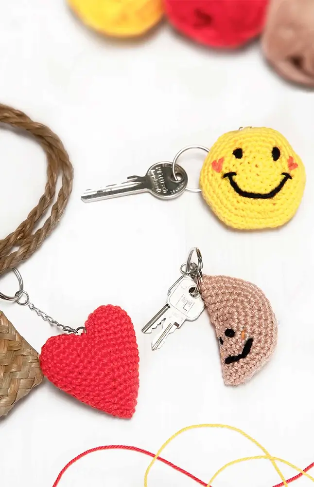 Schlüsselanhänger Herz, Smiley, Glückskeks (Häkelset)