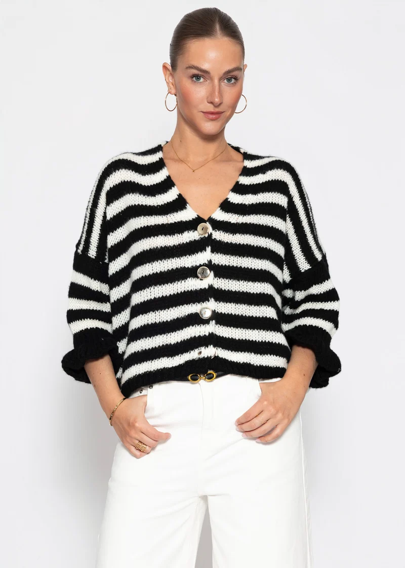 Gestreifter Cardigan mit 3/4-Ärmeln - schwarz
