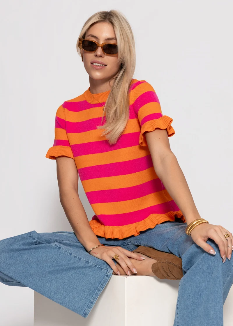Gestreifter Kurzarm-Pullover mit Volants - orange-pink