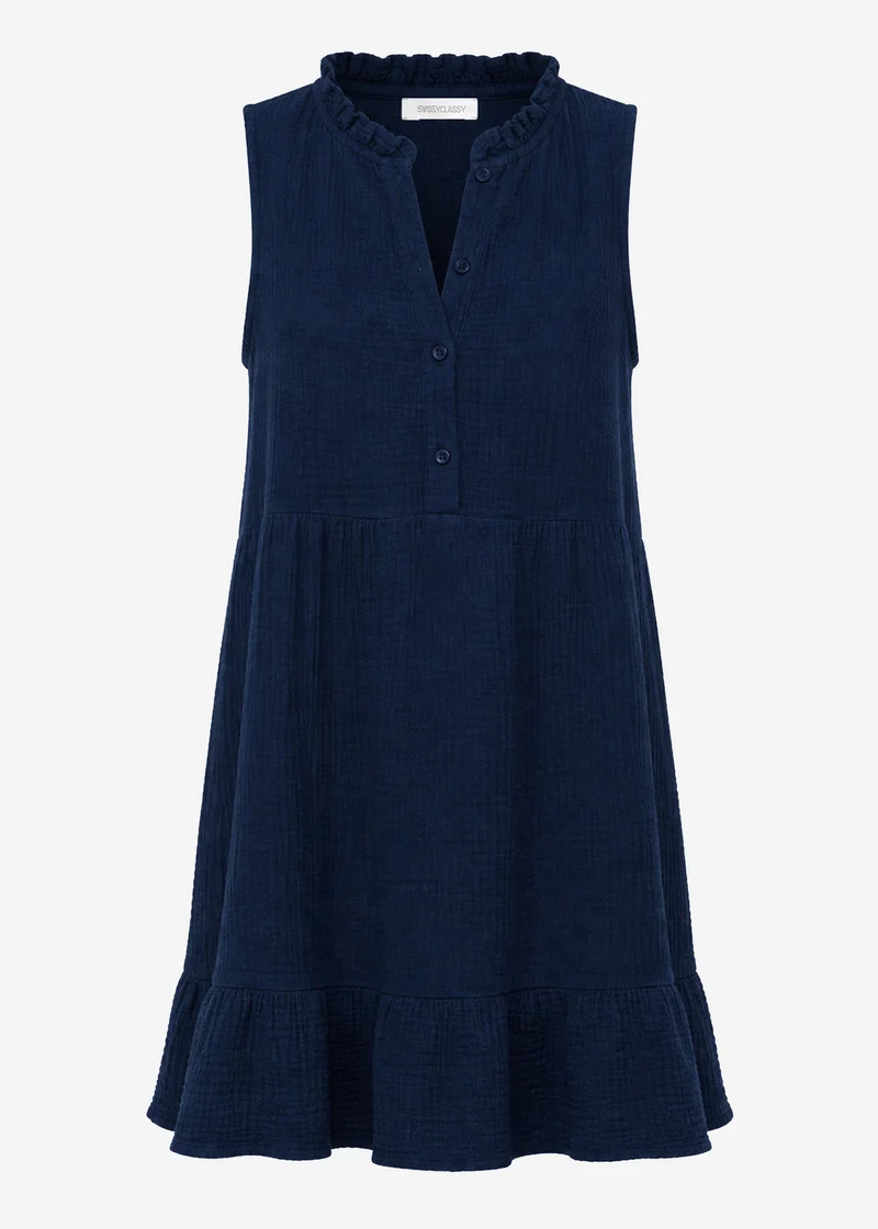 Ärmelloses Musselin Kleid mit Volants - dunkelblau
