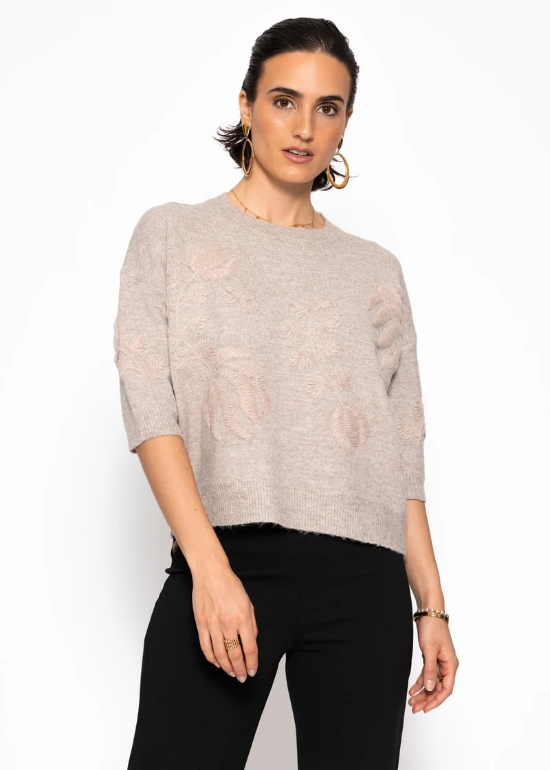 Pullover mit floraler Stickerei - taupe
