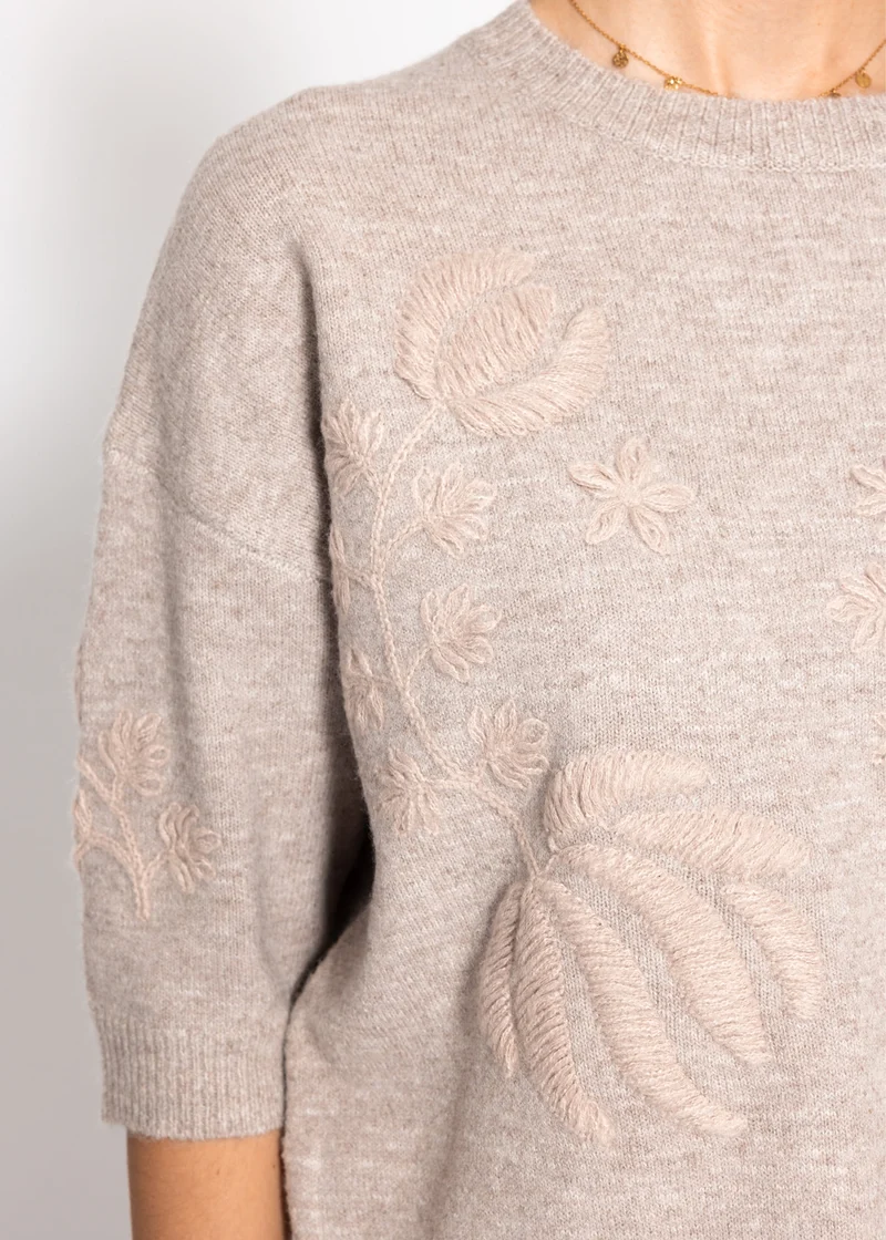Pullover mit floraler Stickerei - taupe