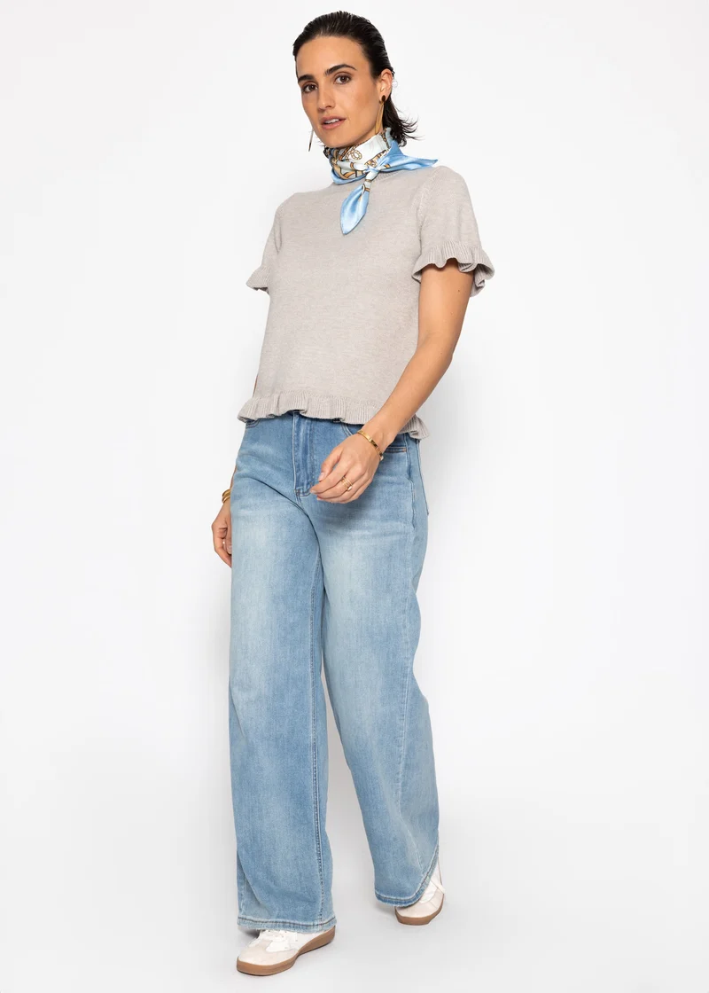 Kurzarm-Pullover mit Volants - grau