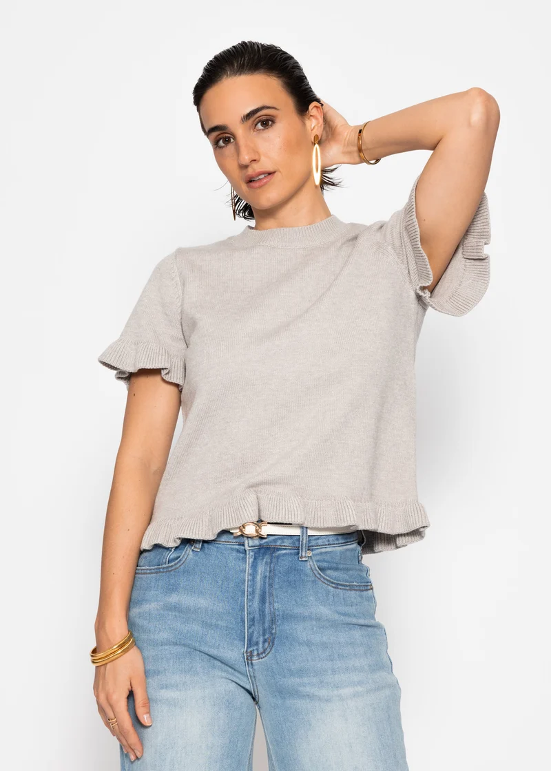 Kurzarm-Pullover mit Volants - grau