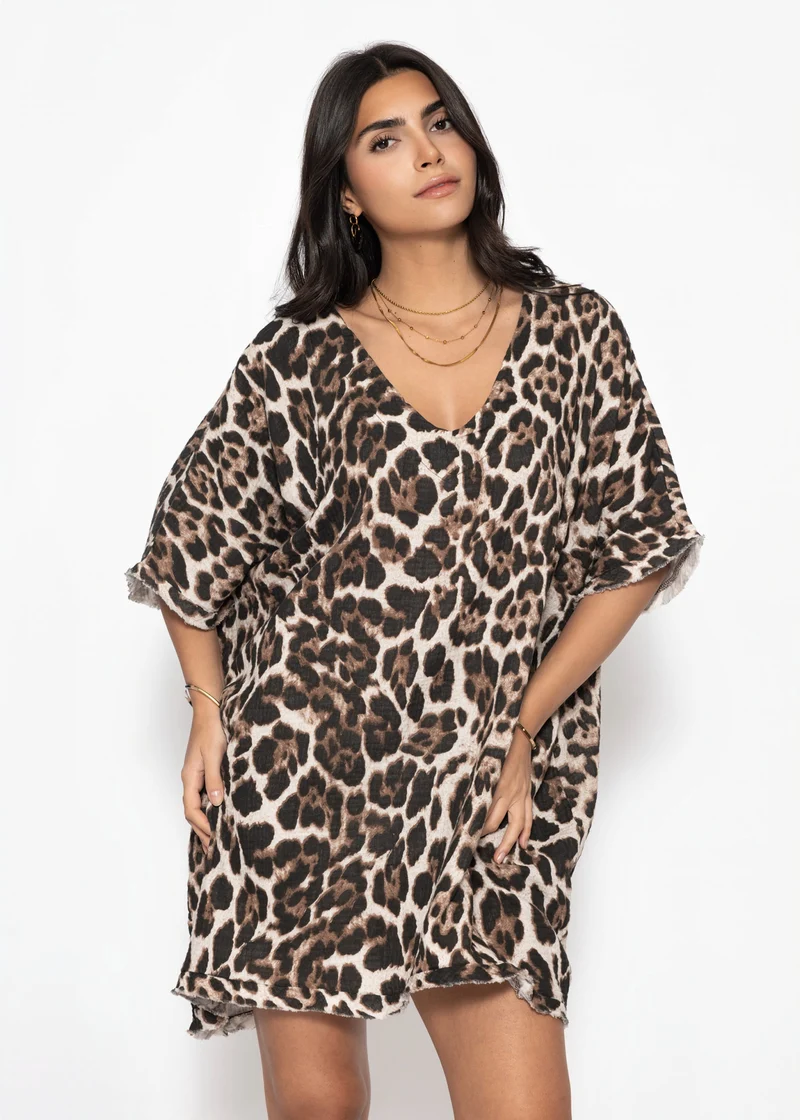 Musselin Tunika mit Leo-Print - braun