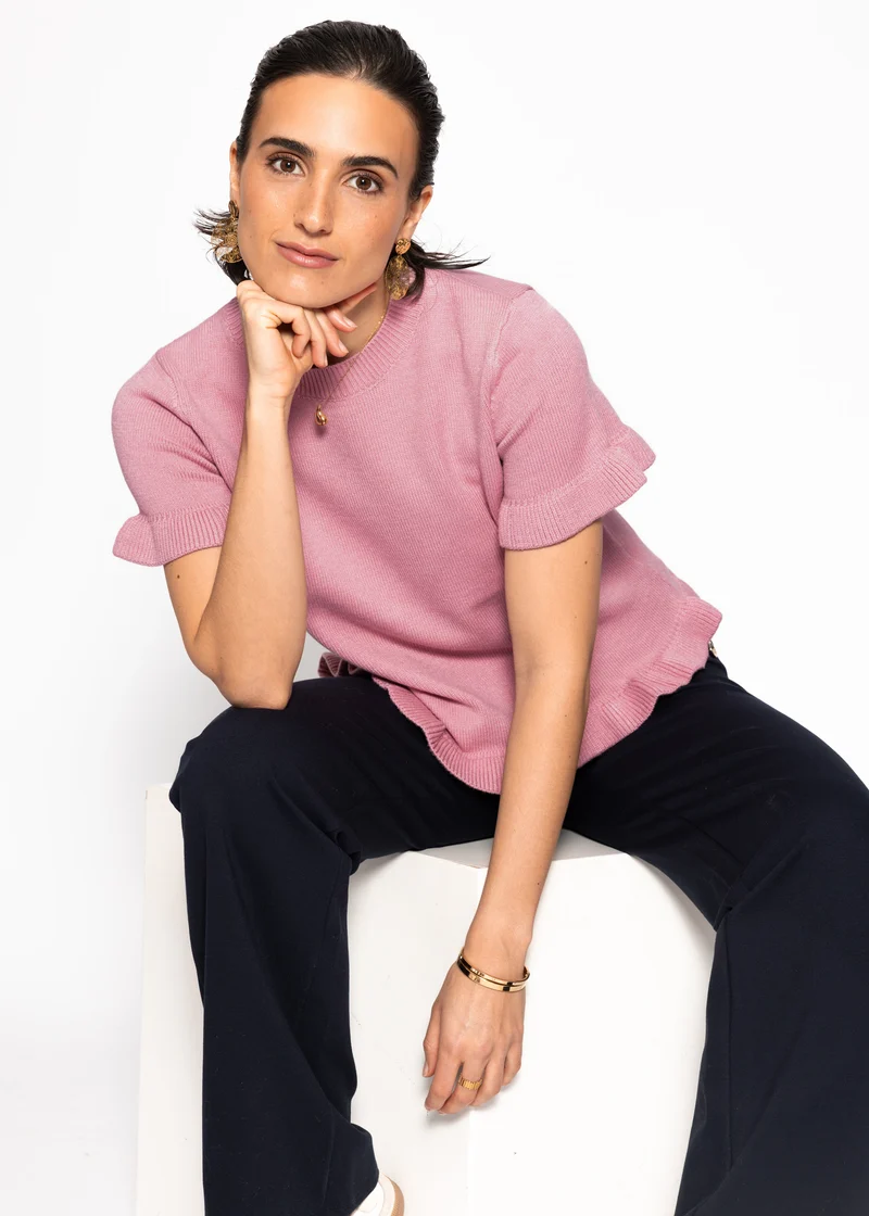 Kurzarm-Pullover mit Volants - rosa