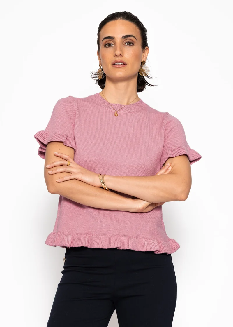 Kurzarm-Pullover mit Volants - rosa