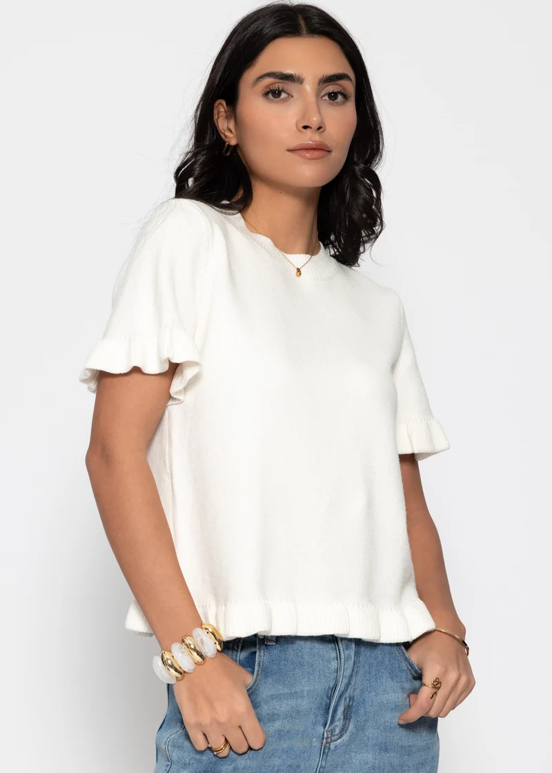 Kurzarm-Pullover mit Volants - offwhite