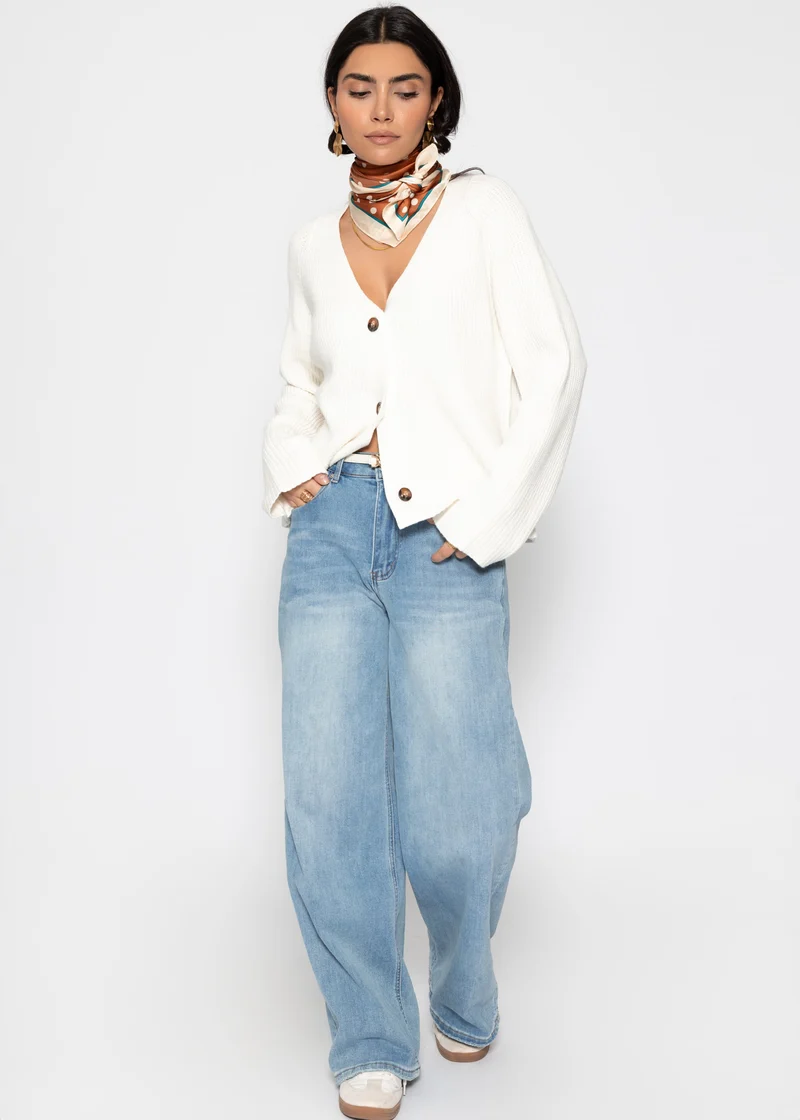 Gerippter Cardigan mit V-Ausschnitt - offwhite