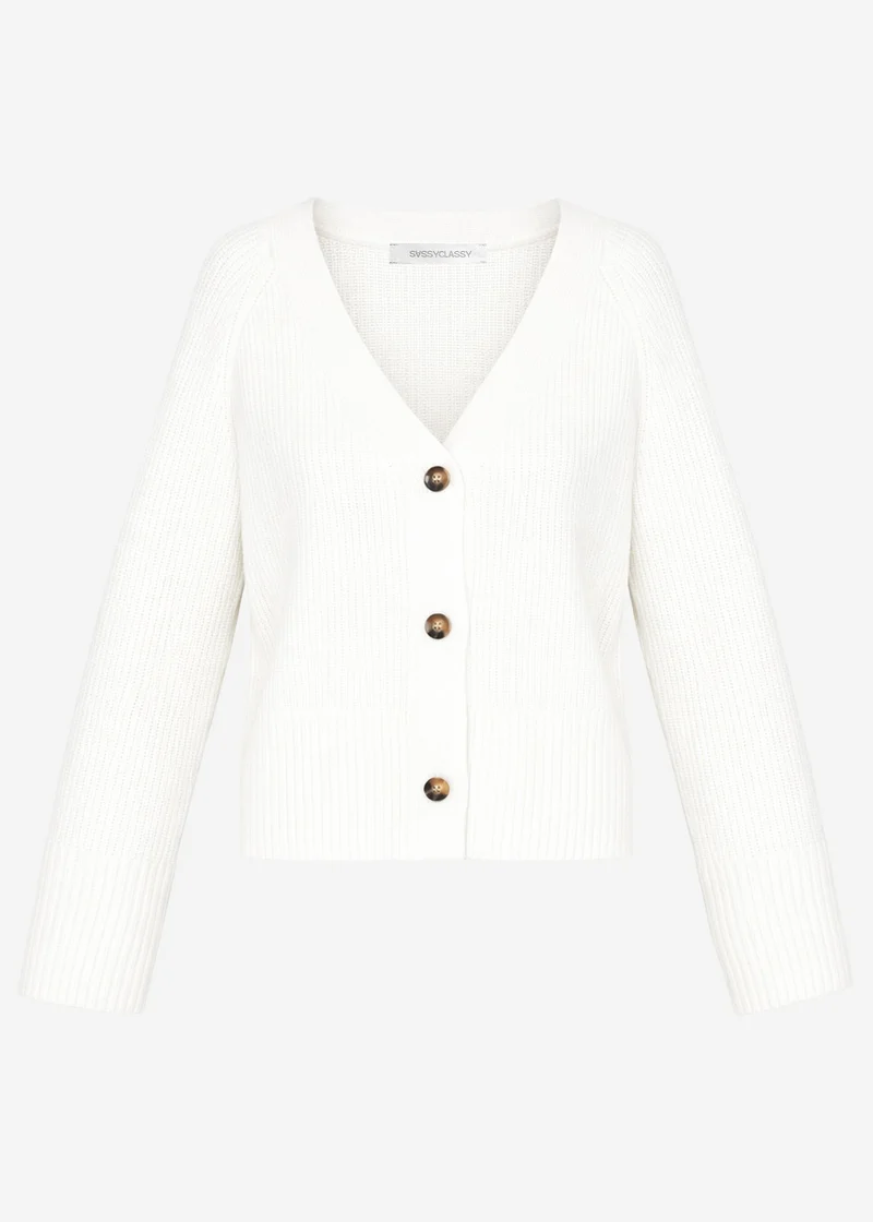 Gerippter Cardigan mit V-Ausschnitt - offwhite