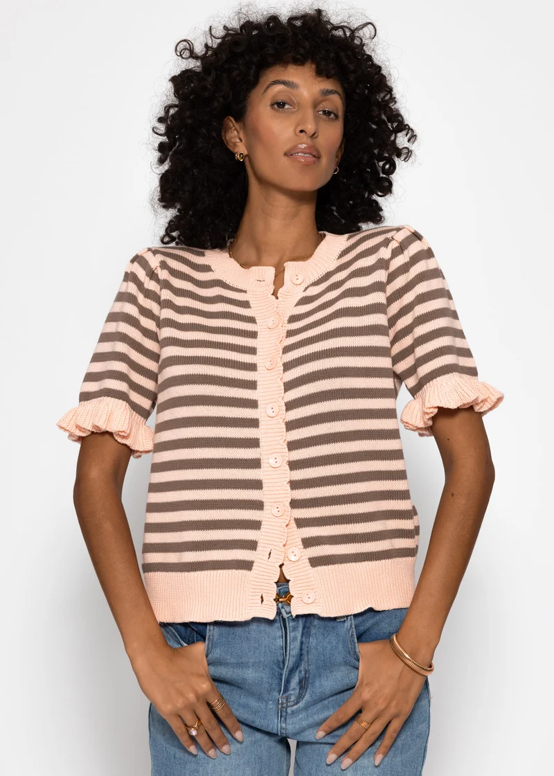 Gestreifte Kurzarm-Strickjacke mit Volants - rosa-taupe
