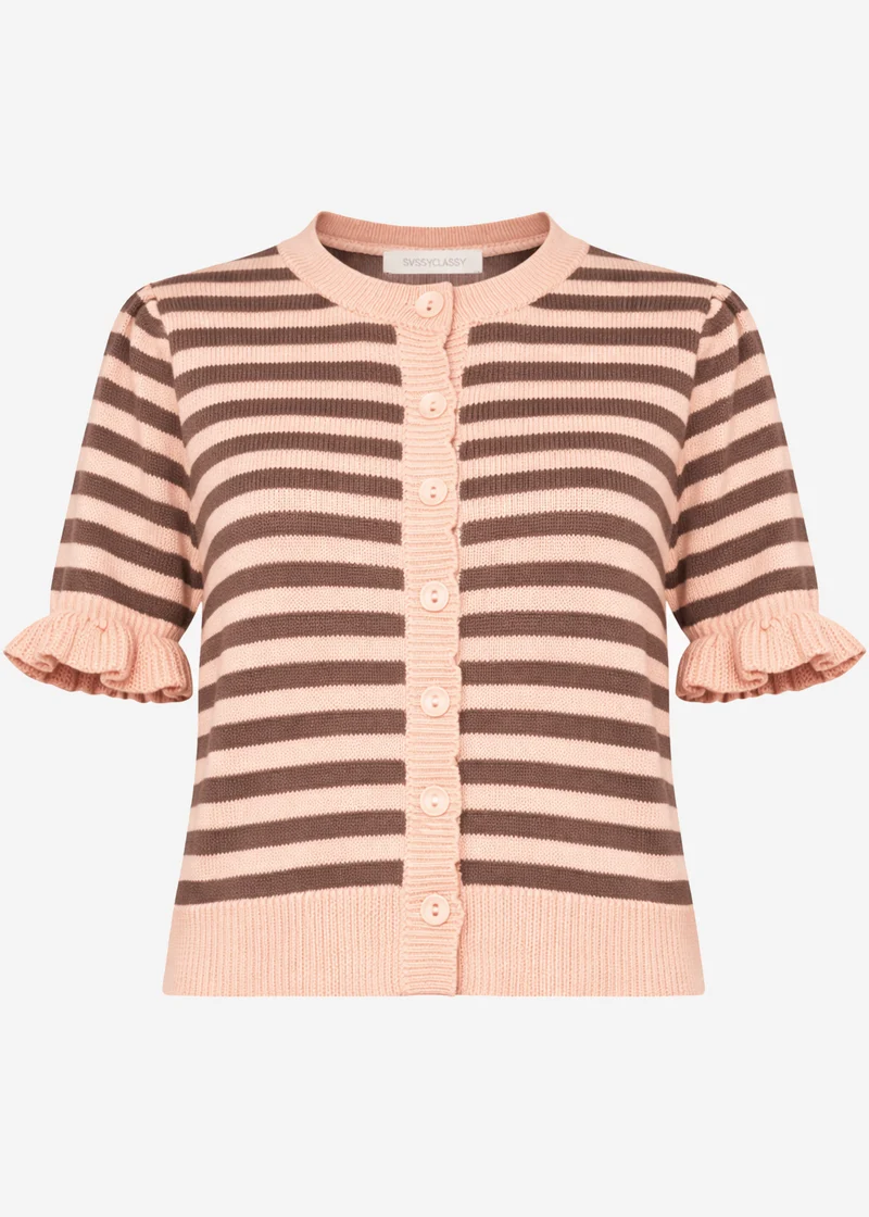 Gestreifte Kurzarm-Strickjacke mit Volants - rosa-taupe