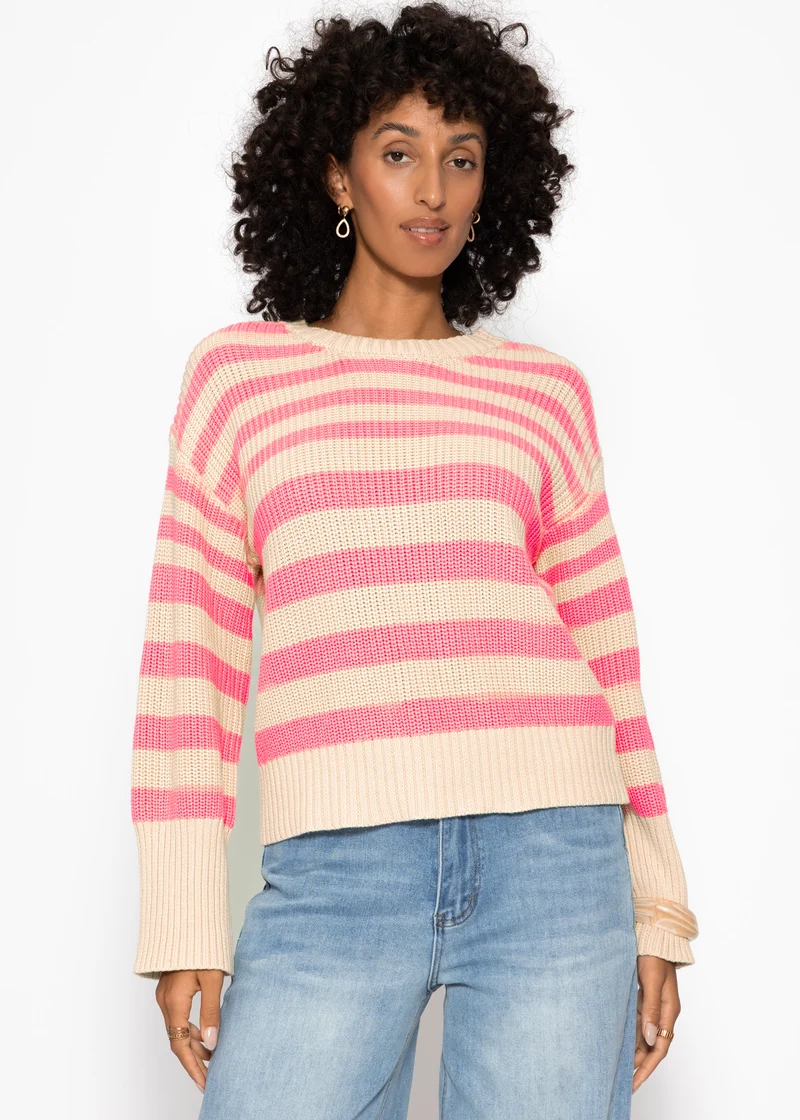 Gestreifter Baumwoll-Pullover - beige-lachs