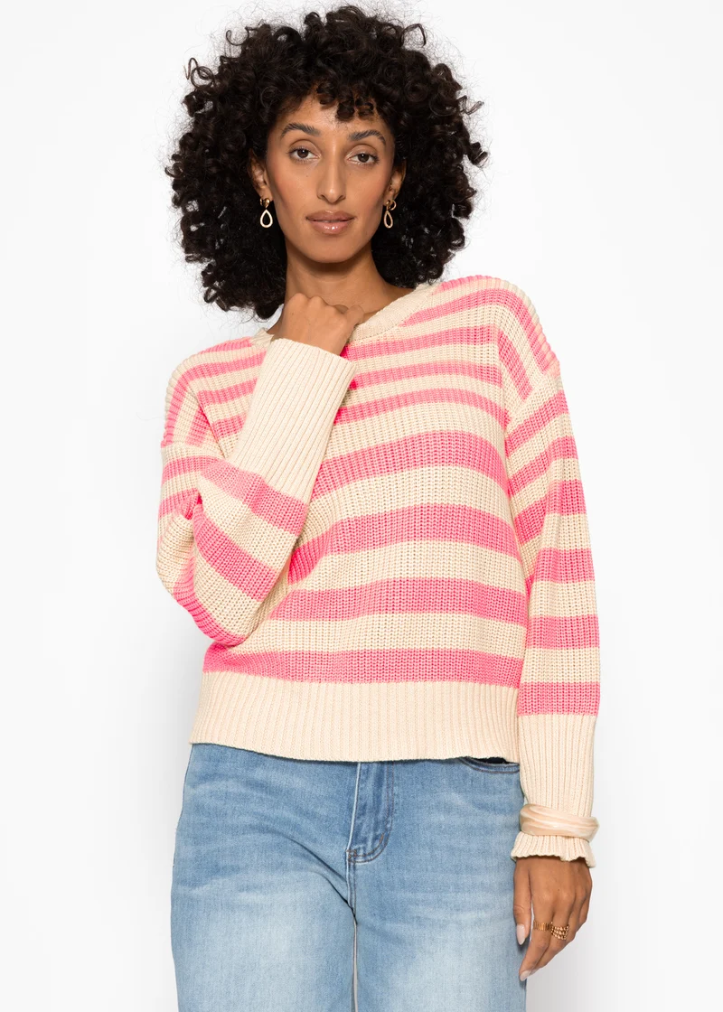Gestreifter Baumwoll-Pullover - beige-lachs
