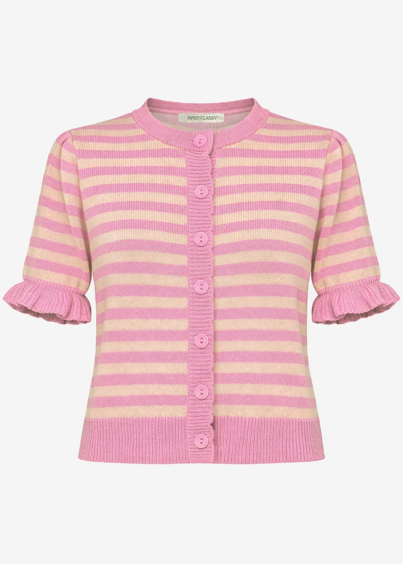 Gestreifte Kurzarm-Strickjacke mit Volants - pink-koralle