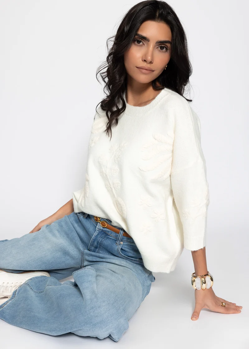 Pullover mit floraler Stickerei - offwhite