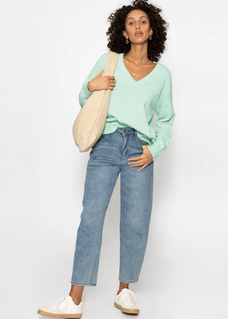 Oversize Baumwoll-Pullover mit tiefem V-Ausschnitt - mint