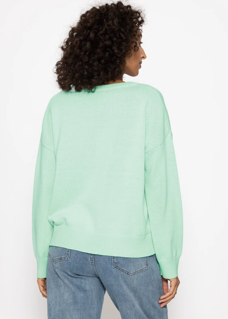 Oversize Baumwoll-Pullover mit tiefem V-Ausschnitt - mint