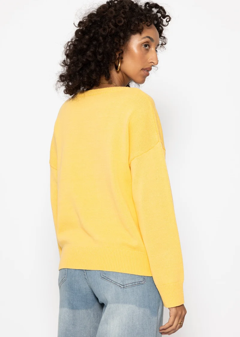 Oversize Baumwoll-Pullover mit tiefem V-Ausschnitt - gelb