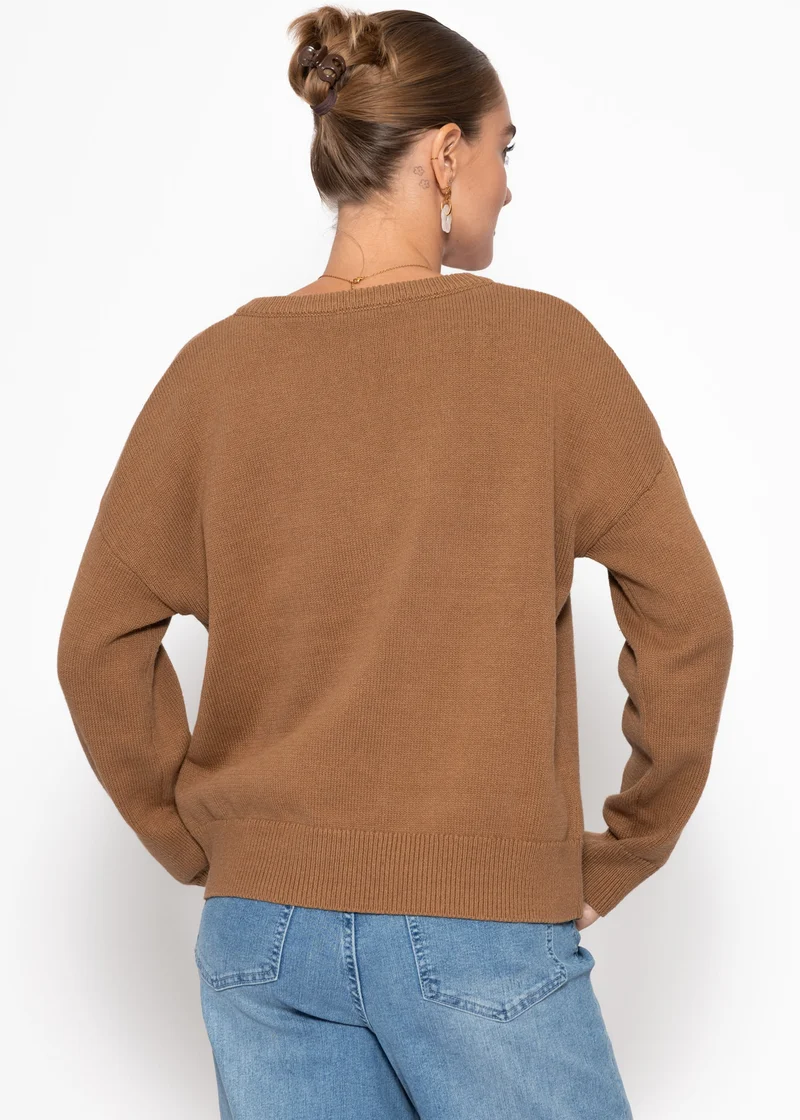Oversize Baumwoll-Pullover mit tiefem V-Ausschnitt - braun