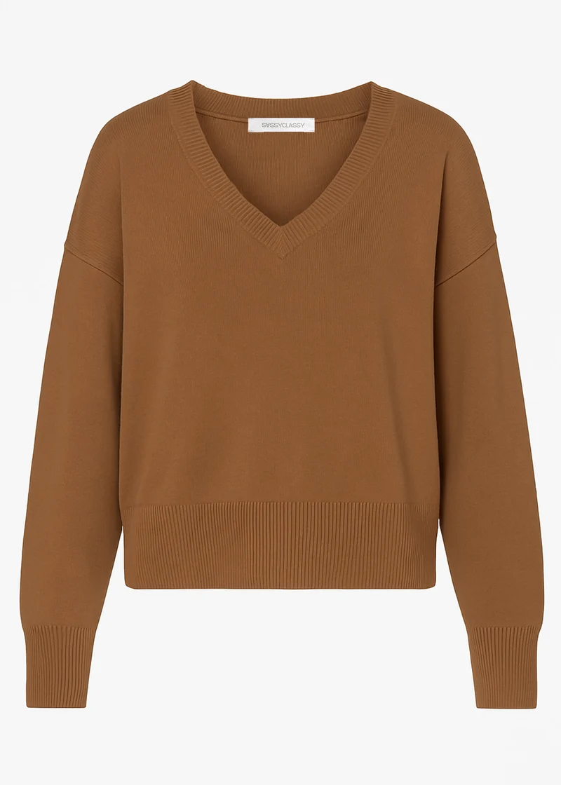 Oversize Baumwoll-Pullover mit tiefem V-Ausschnitt - braun