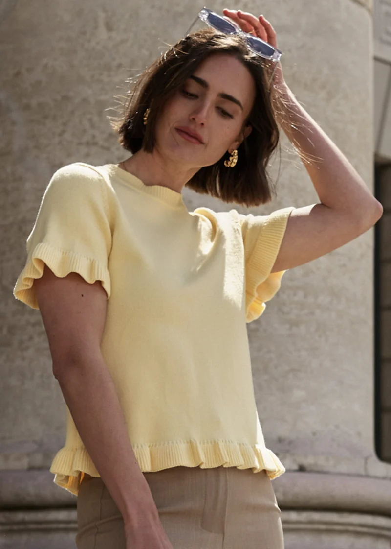 Kurzarm-Shirt mit Volants - buttergelb