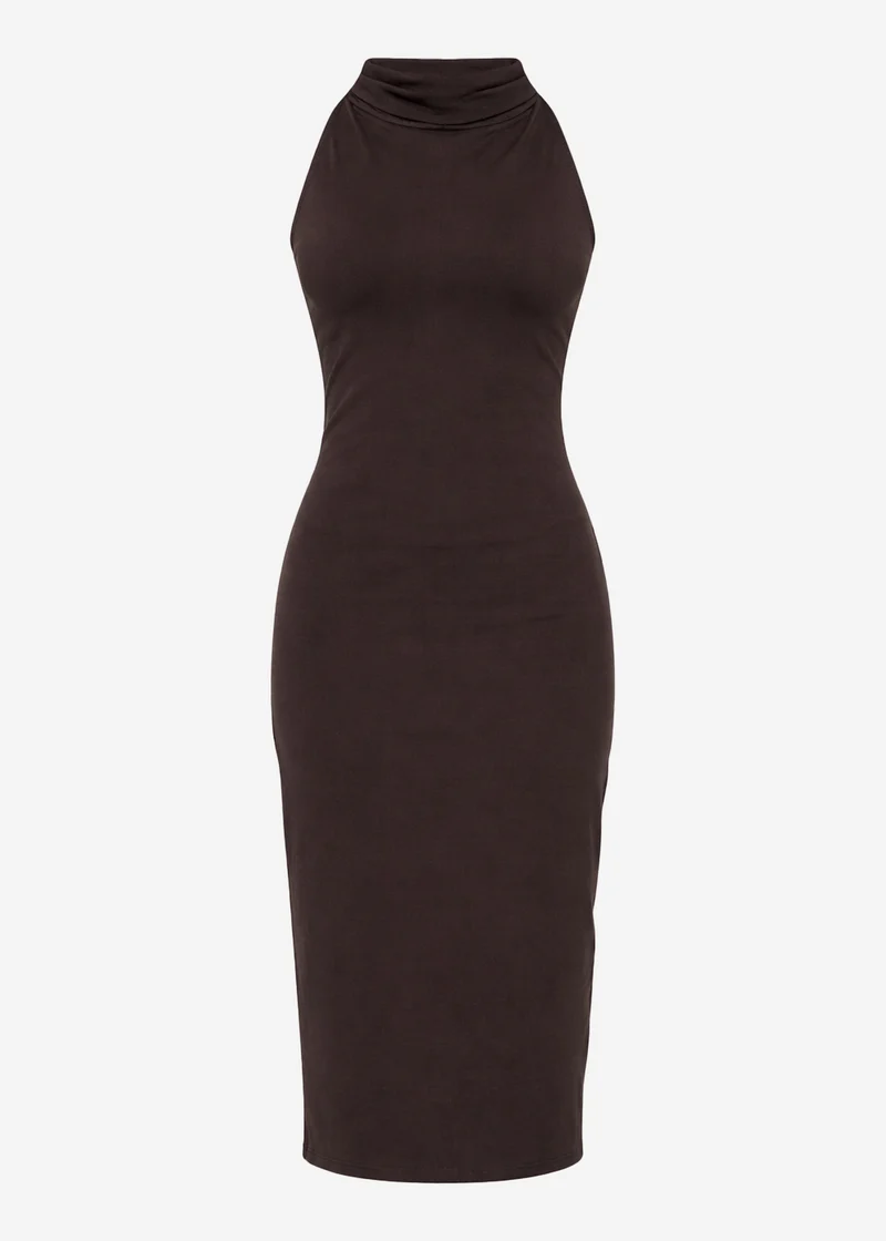Midikleid mit Stehkragen und Rückenschlitz - braun