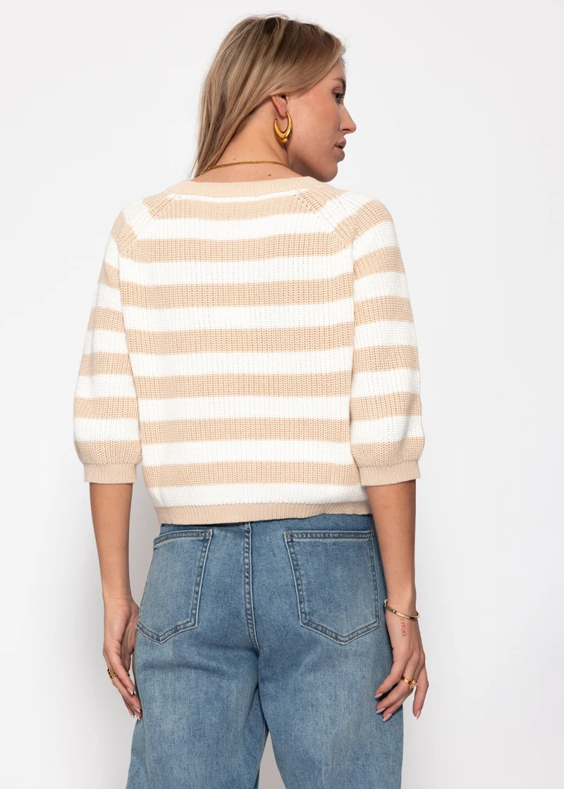 Baumwoll-Pullover mit 3/4-Ärmeln und Streifen - beige-offwhite