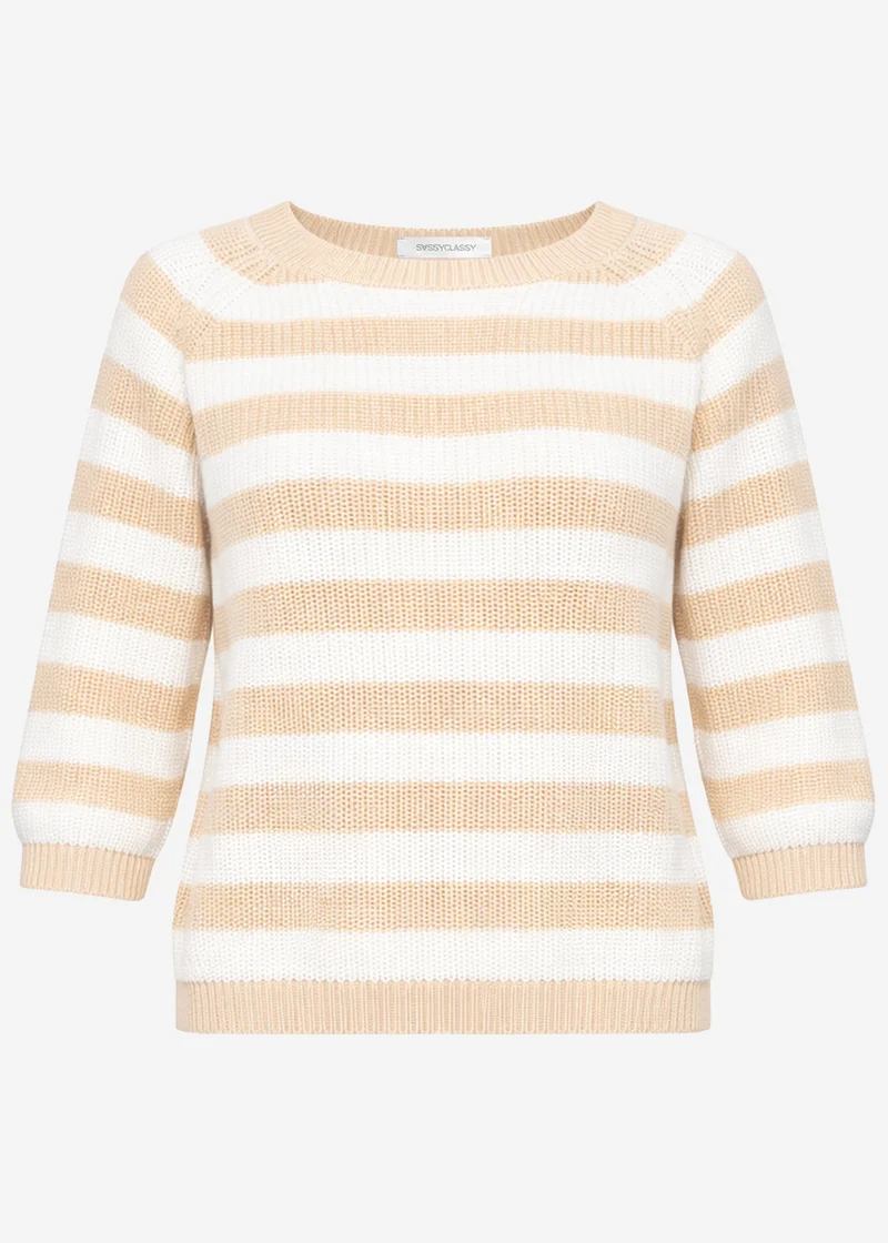 Baumwoll-Pullover mit 3/4-Ärmeln und Streifen - beige-offwhite